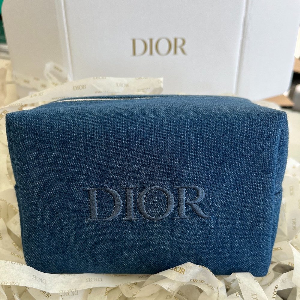 Christian Dior Denim Makeup Bag with Silver Tone Star Zipper Pull
